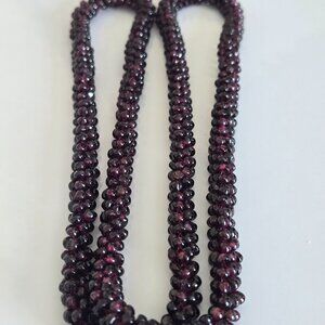 Vintage 1980's Long Woven Garnet Beaded Rope Necklace